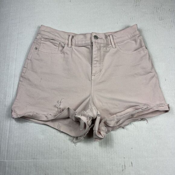 Express Womens Shortie High Rise Denim Shorts Pink Hyper Stretch Frayed Size 12 - Picture 1 of 12